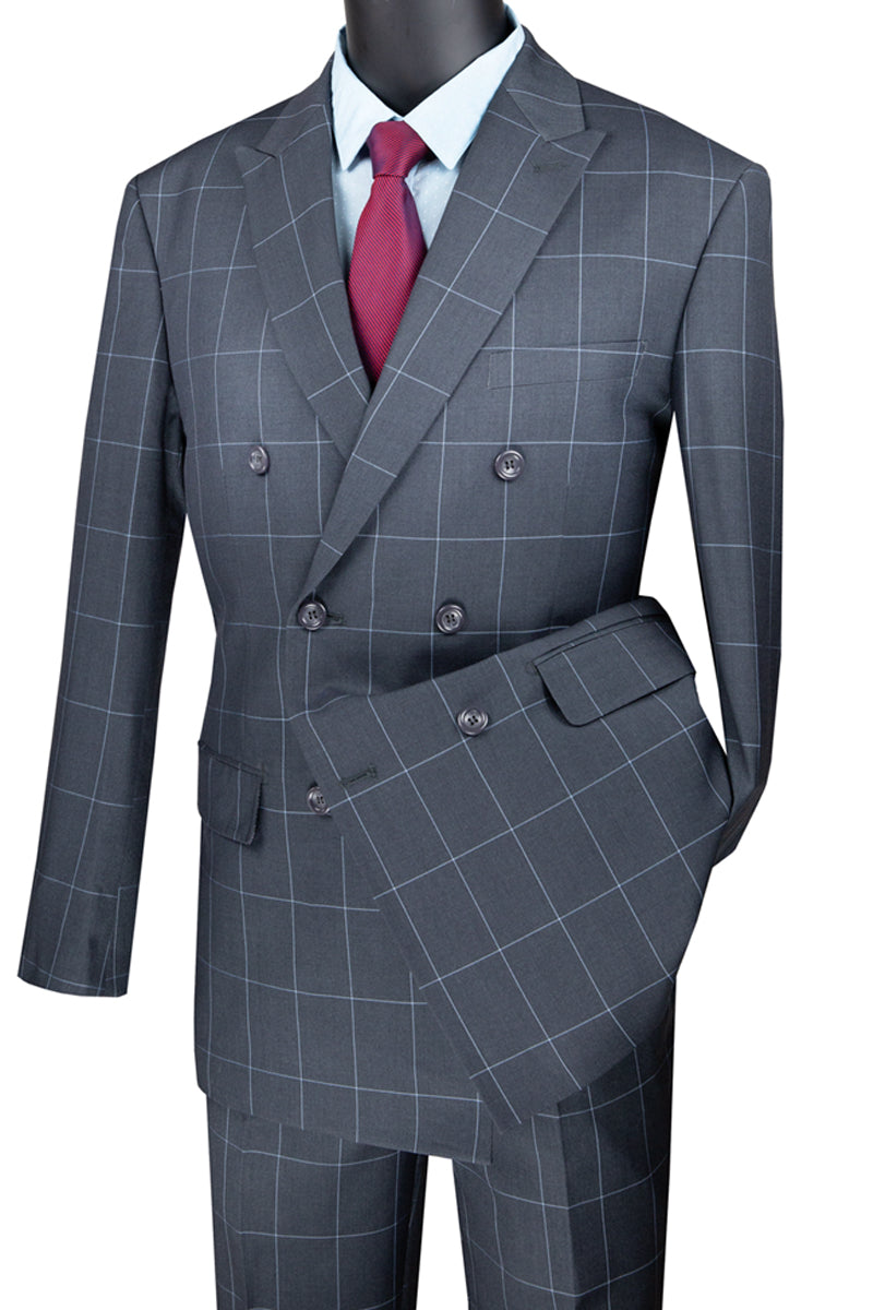 Mens Double Breasted Bold Windowpane Suit in Medium Grey - 36 Short