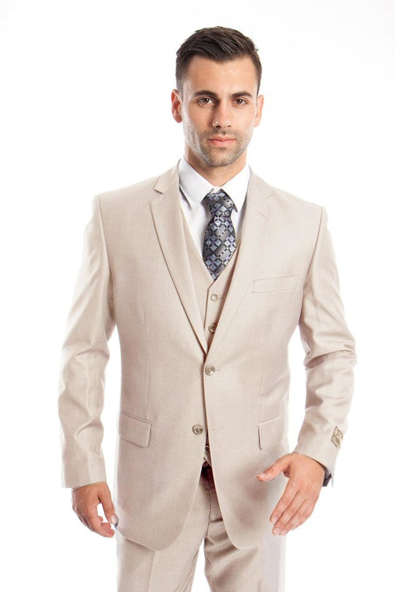 "Men's Solid Tan Wedding Suit - Two Button Vested Business Attire" - 34 Short