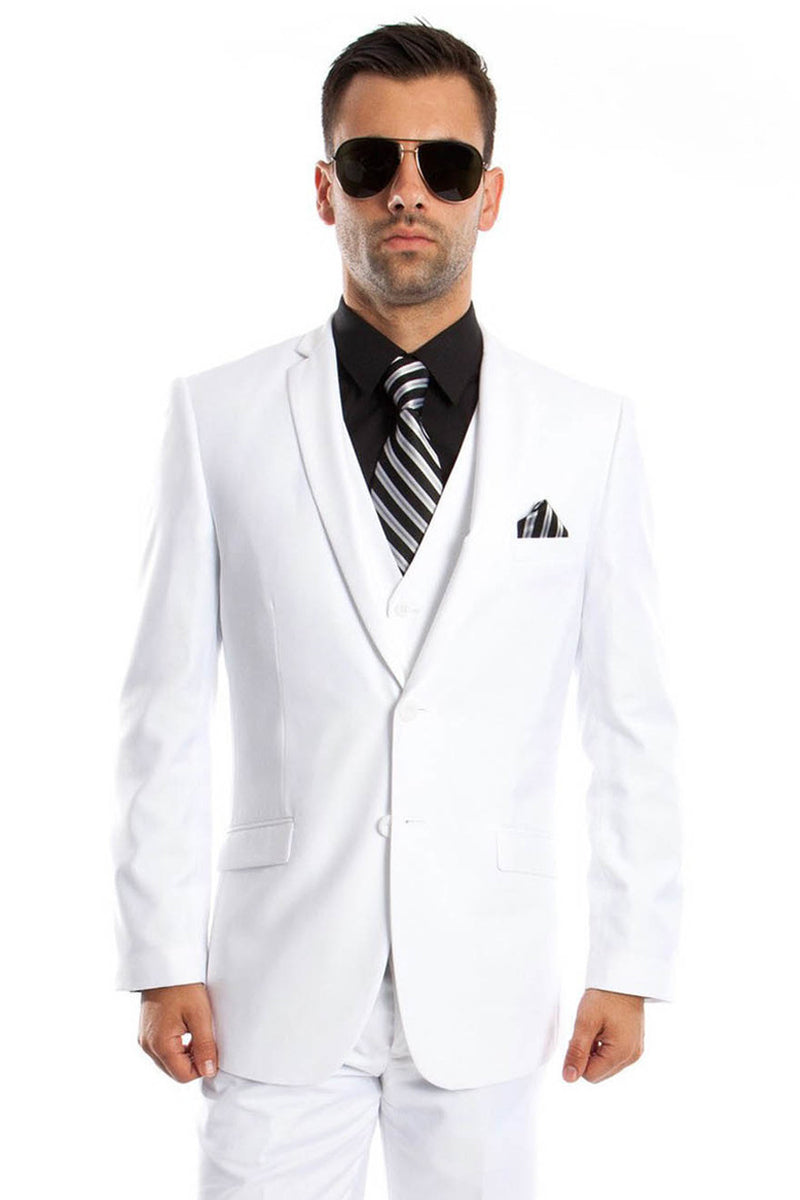"White Slim Fit Men's Wedding Suit - Two Button Basic Vested"