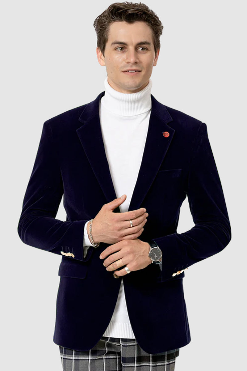 "Modern Fit Velvet Blazer for Men - Navy Blue Two Button Style"