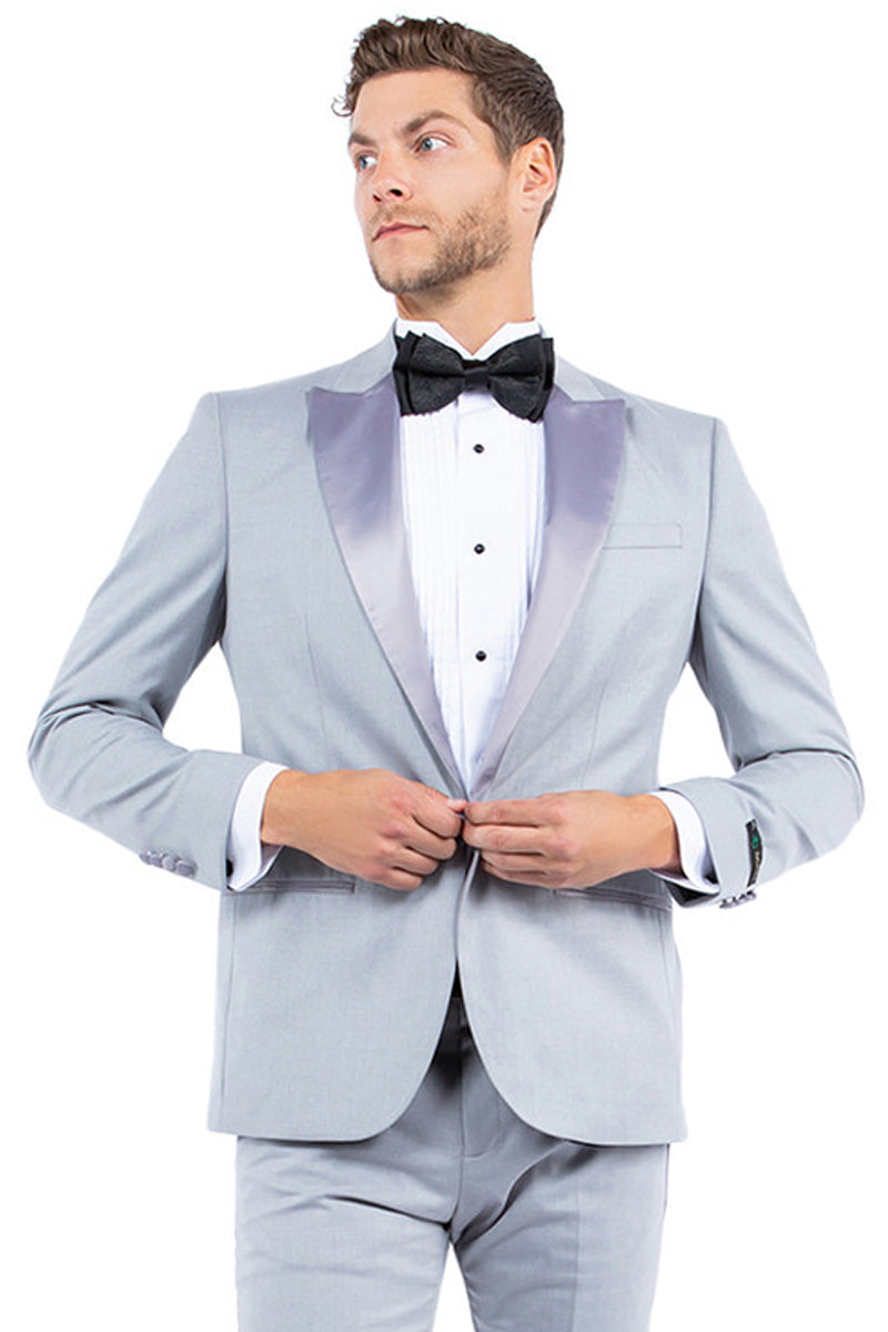 "Men's Light Grey Modern Fit Tuxedo Jacket with Peak Lapel - One Button"