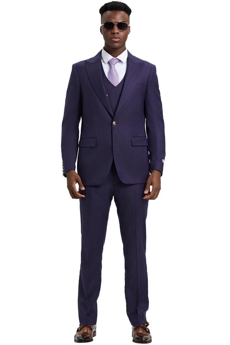 Men's Stacy Adams Vested One Button Side Peak Lapel Pinstripe Suit in Eggplant Purple - 38 Regular