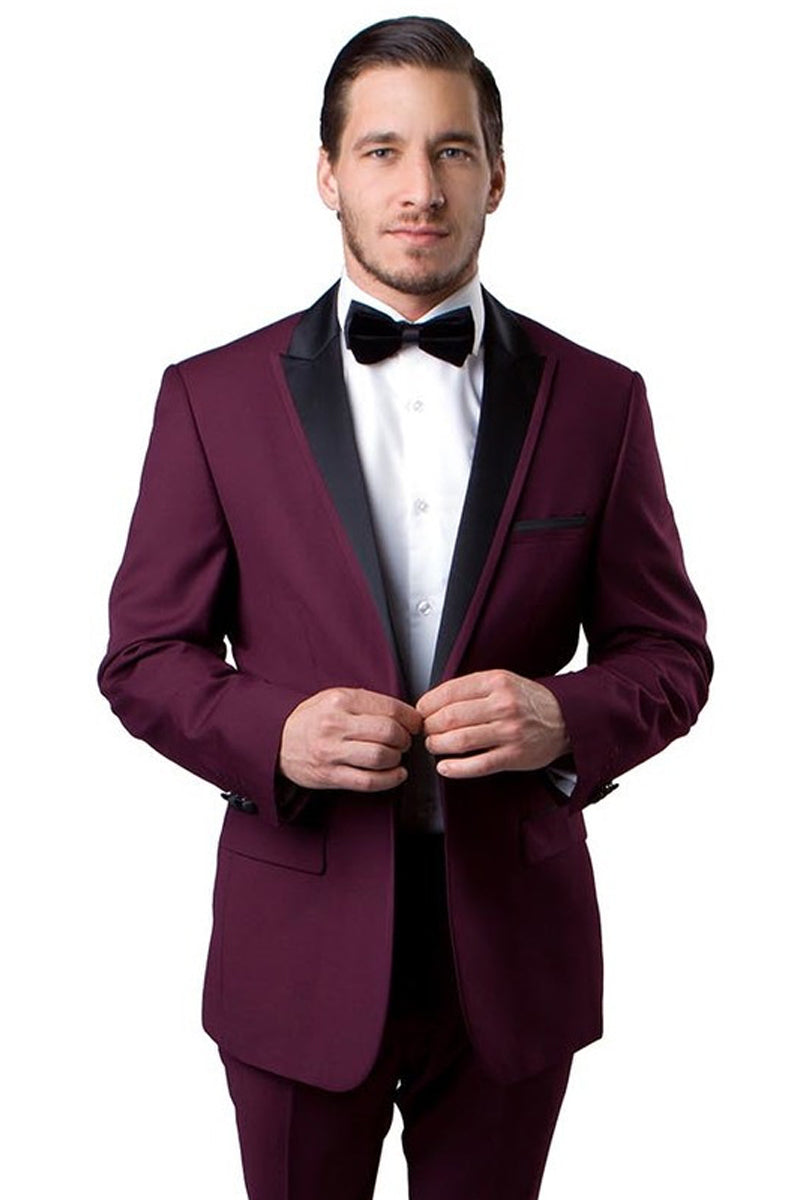 "Burgundy Men's Slim Fit Tuxedo with Satin Trim for Prom & Wedding"