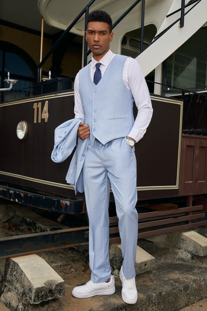 "Mens Stacy Adams Suit -Stacy Adams Men's Modern Vested Suit - Light Blue Pinstripe"