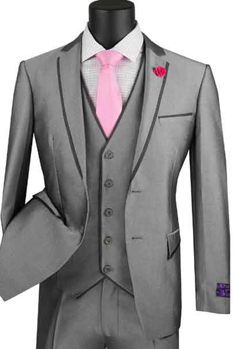 Mens Ultra Slim Fit Vested Suit with Trim in Grey - 36 Short