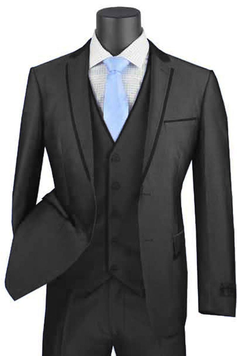 Mens Ultra Slim Fit Vested Suit with Trim in Black - 36 Short