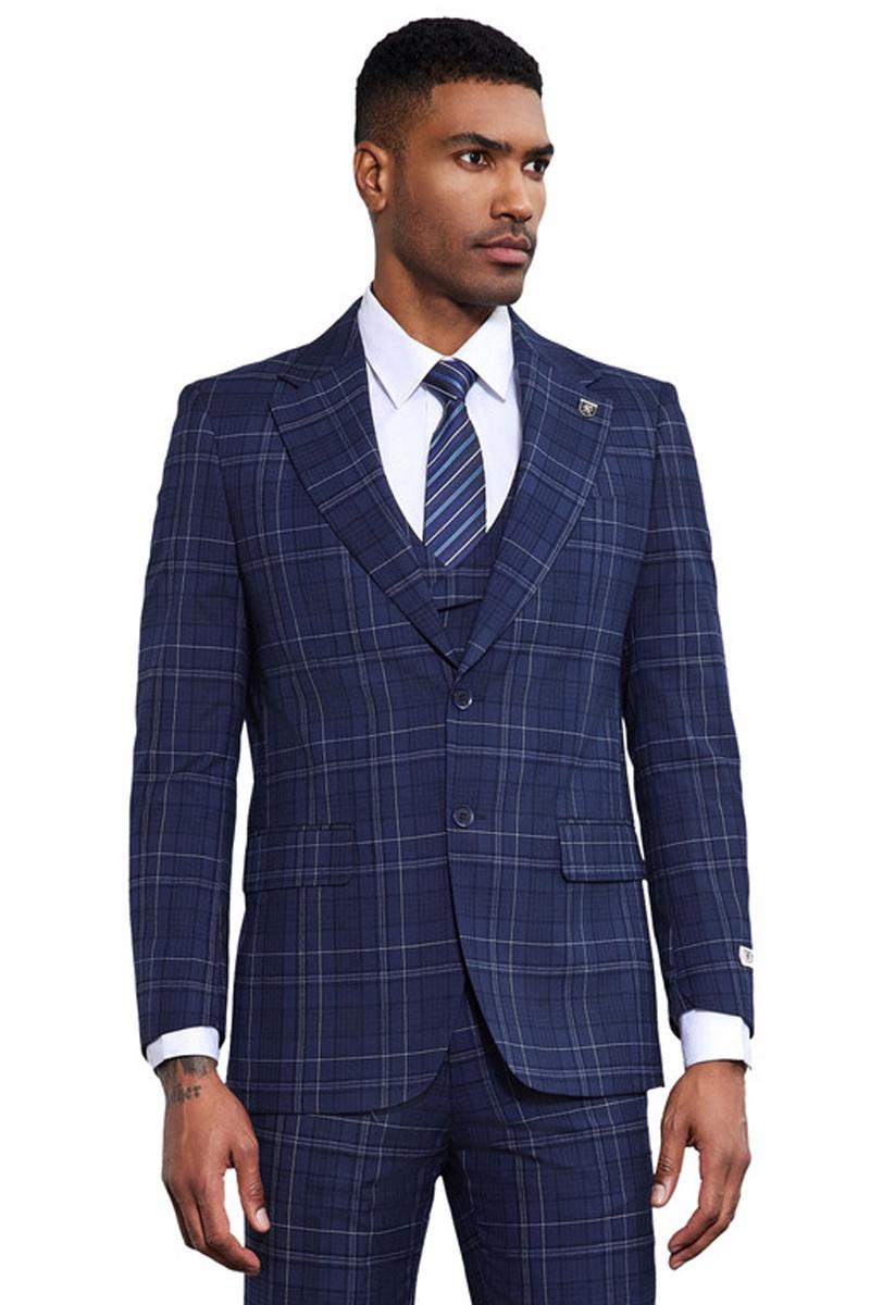 Men's Stacy Adams Vested Two Button Double Windowpane Plaid Suit in Navy - 38 Regular