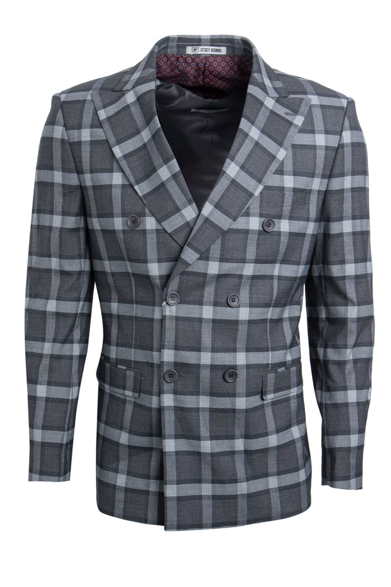 Stacy Adams Men's Double Breasted Suit - Black & Grey Windowpane Plaid
