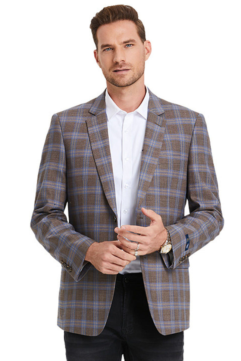 "Double Windowpane Men's Business Casual Sport Coat - Dark Camel Bronze" - 34 Short