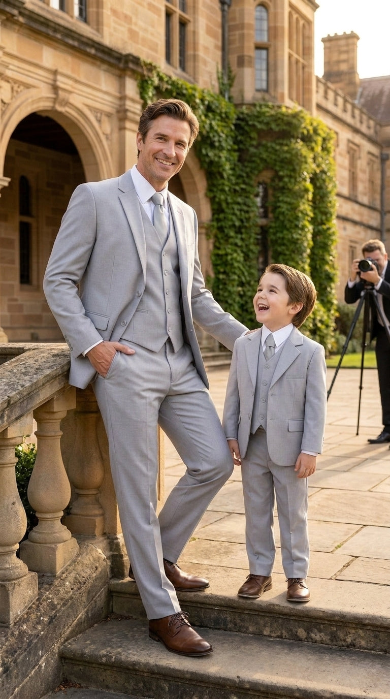 Dad and Son Suit – Father and Son Matching Light Gray 3-Piece Wedding Suits in Very Light Grey - Silver Ash Color - 34 Short or Extra Small