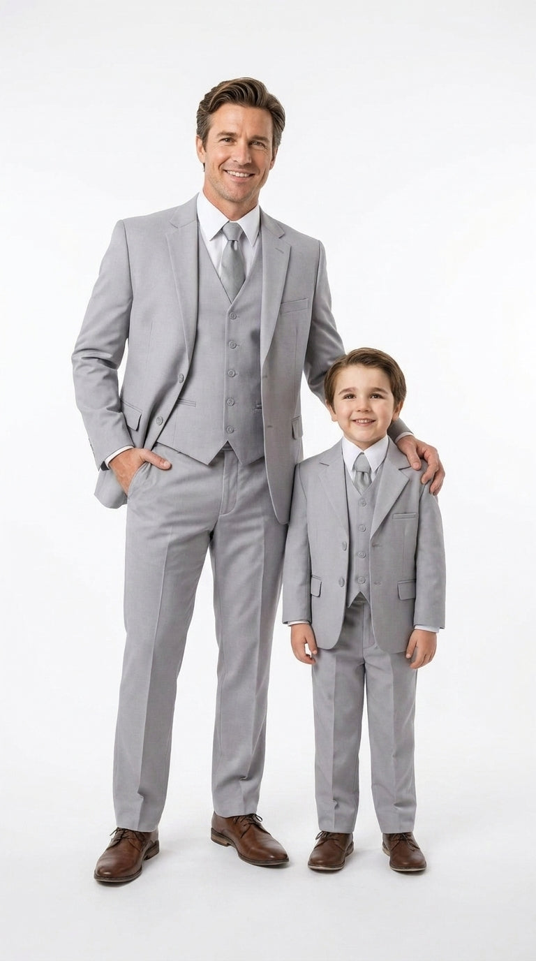 Dad and Son Suit – Father and Son Matching Light Gray 3-Piece Wedding Suits in Very Light Grey - Silver Ash Color - 34 Short or Extra Small
