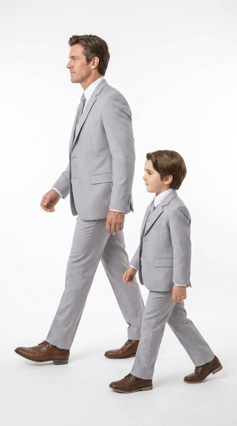 Dad and Son Suit – Father and Son Matching Light Gray 3-Piece Wedding Suits in Very Light Grey - Silver Ash Color - 34 Short or Extra Small