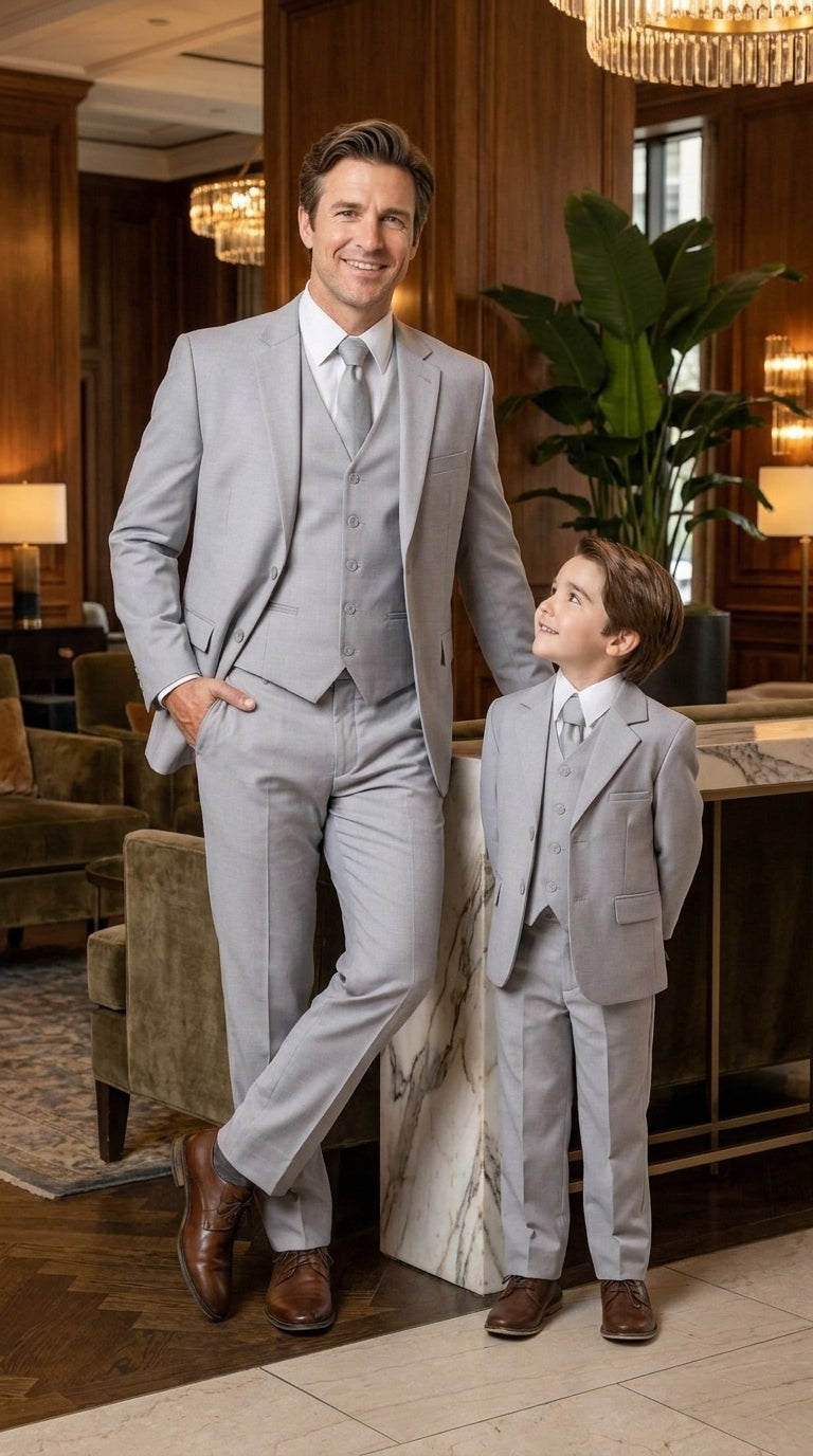 Dad and Son Suit – Father and Son Matching Light Gray 3-Piece Wedding Suits in Very Light Grey - Silver Ash Color - 34 Short or Extra Small
