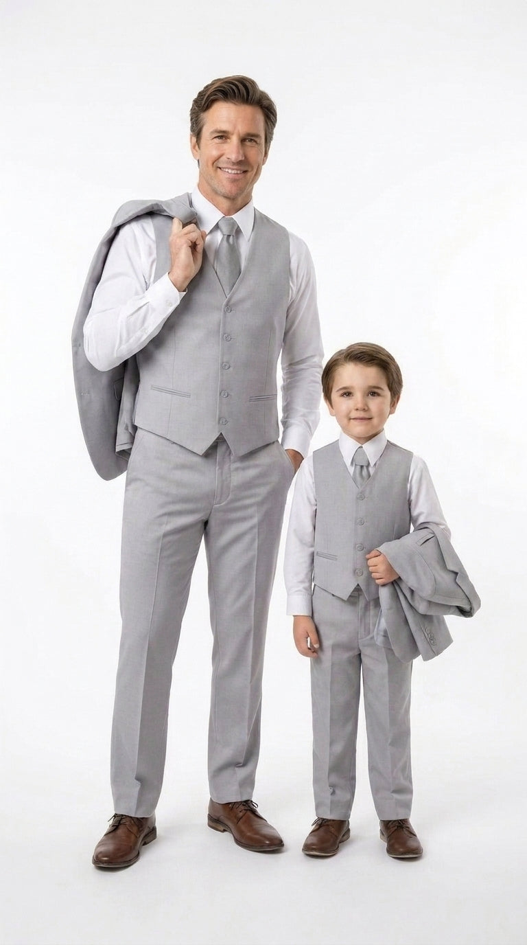 Dad and Son Suit – Father and Son Matching Light Gray 3-Piece Wedding Suits in Very Light Grey - Silver Ash Color - 34 Short or Extra Small