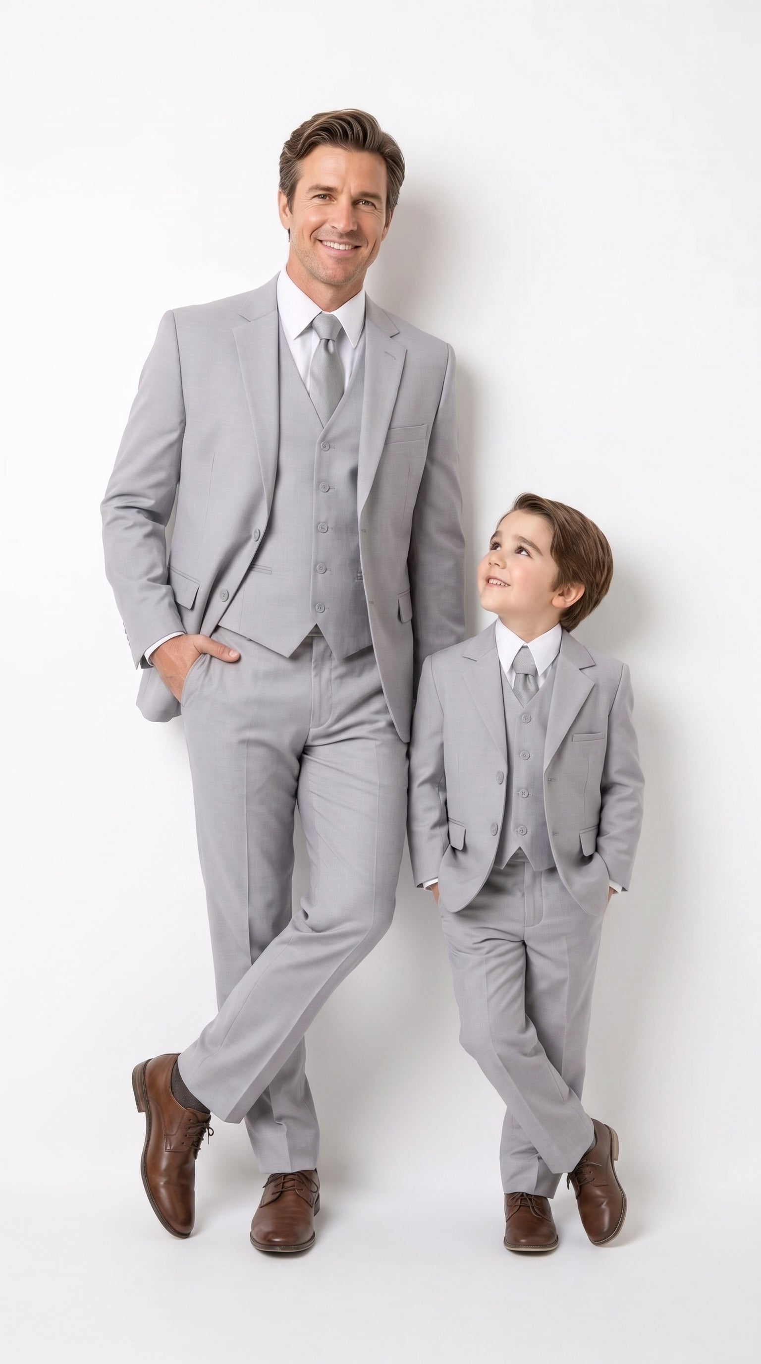 Dad and Son Suit – Father and Son Matching Light Gray 3-Piece Wedding Suits in Very Light Grey - Silver Ash Color - 34 Short or Extra Small
