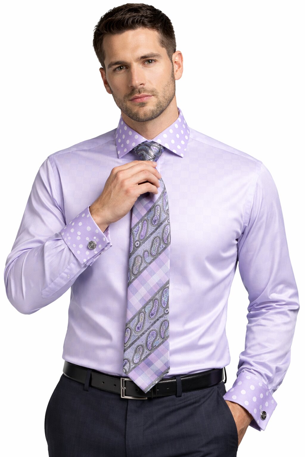 Polka Dot French Cuffed Matching Shirt & Tie Combo Lavender Set Men's Dress Shirt - Large 16.5" Neck / 36-37" Sleeve