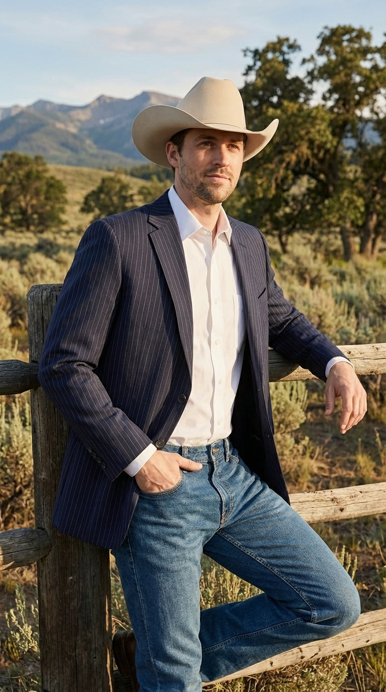 Mens Navy Blue Pinstripe Western Blazer – Classic Cowboy Style Jacket for Business, Formal and Smart Casual Wear - 34 Short