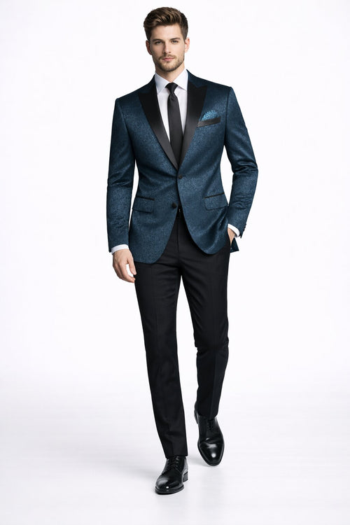 Mens 2 Button Satin Peak Lapel Paisley Prom 2026 Blazer in Dark Teal