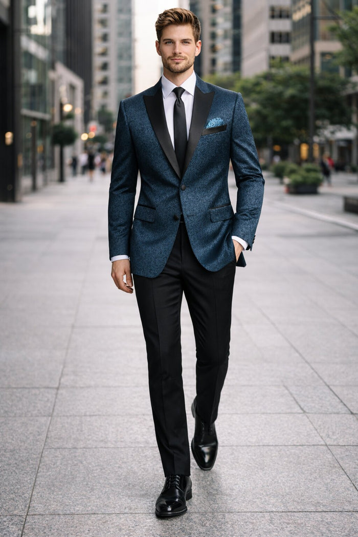 Mens 2 Button Satin Peak Lapel Paisley Prom 2026 Blazer in Dark Teal