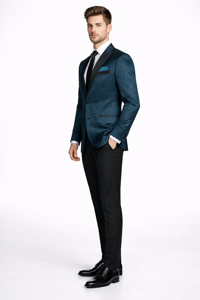 Mens 2 Button Satin Peak Lapel Paisley Prom 2026 Blazer in Dark Teal