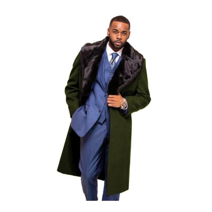 Men's Dark Olive Long Dress Winter Coat With Fur Collar