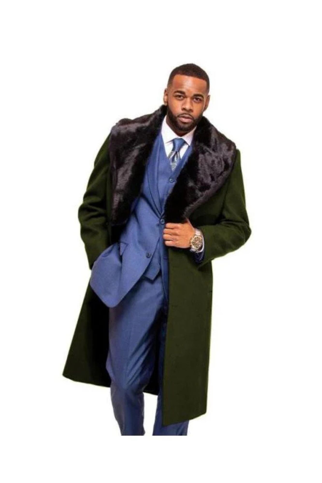 Wool Dark Olive Cashmere Fur Collar Overcoat