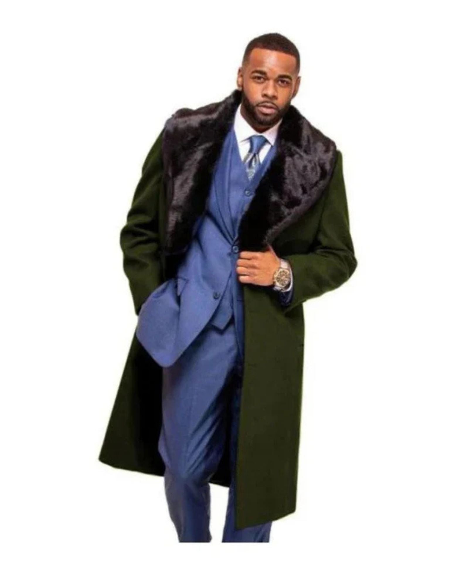 Wool Dark Olive Cashmere Fur Collar Overcoat