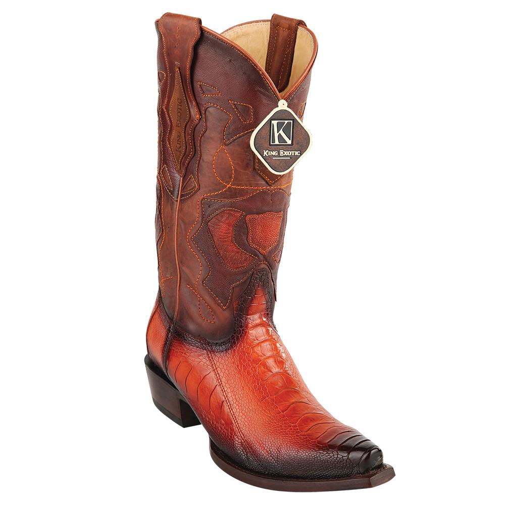 King Exotic Men's Western Ostrich Leg Snip Toe Boots - BURGUNDY FADED