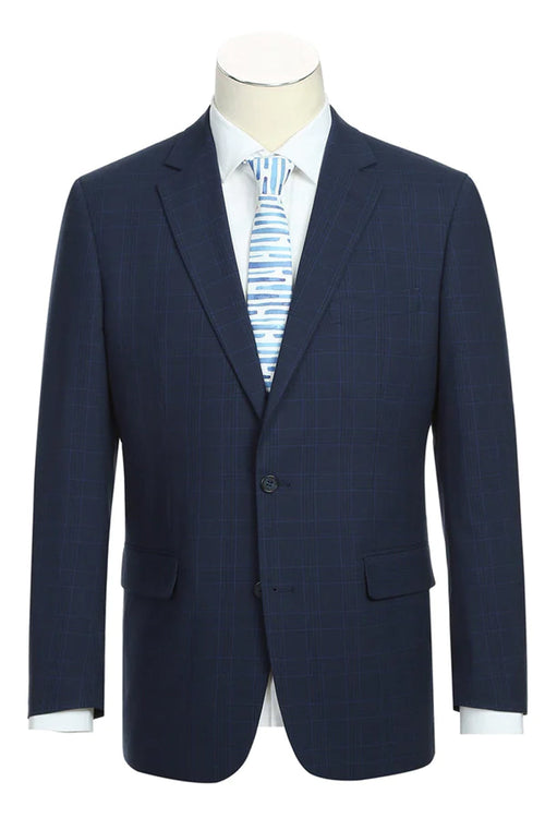 "Classic Fit Men's Suit - Dark Blue Windowpane Plaid Check, Two Button"