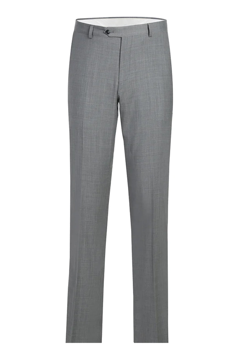 "Light Grey Windowpane Plaid Men's Slim Fit Two-Button Suit" - 36 Short