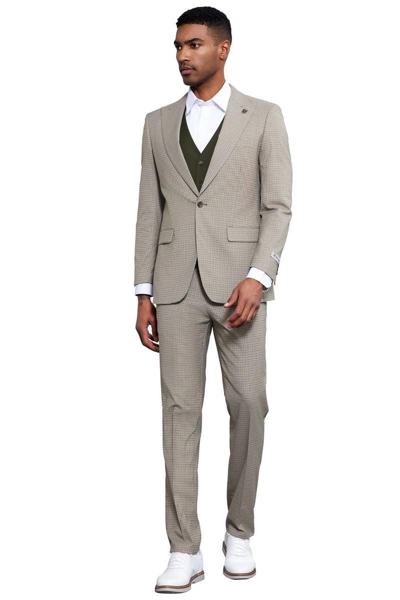 Men's Stacy Adams One Button Peak Lapel Vested Micro Check in Sage Green with an Olive Green Vest - 38 Regular