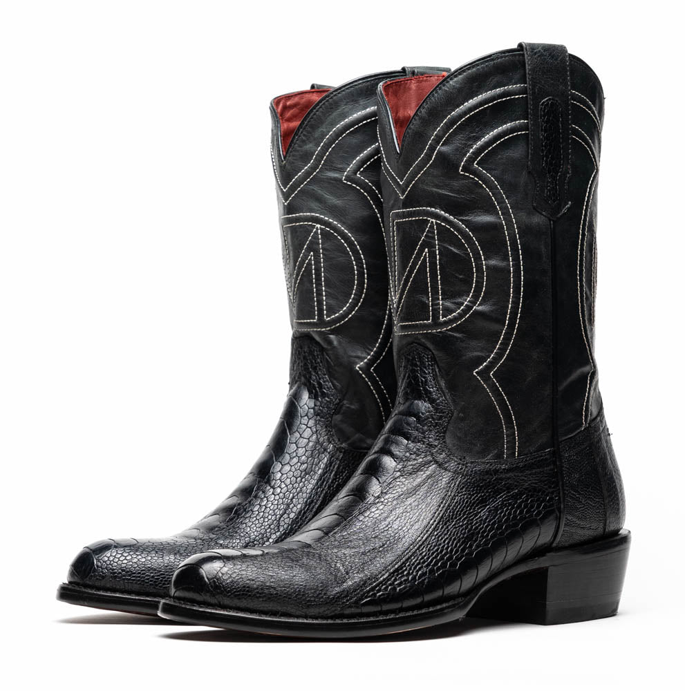Marco Di Milano Denver Black Ostrich Leg Round Toe Cowboy Boots - 7
