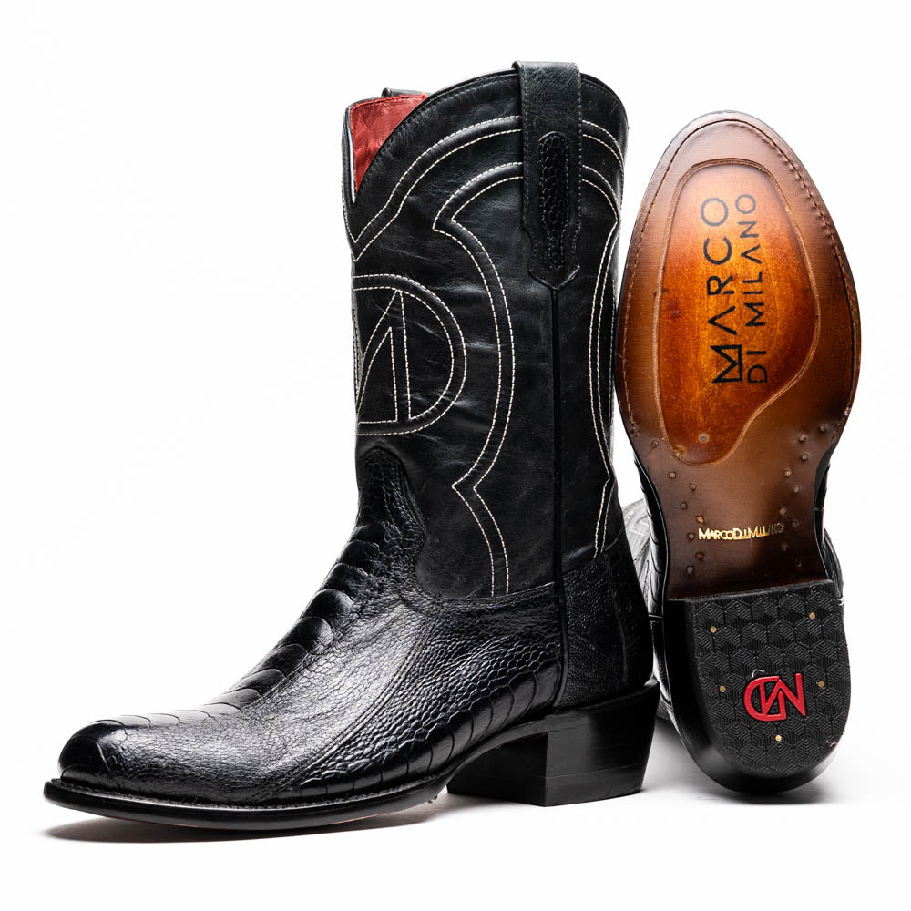 Marco Di Milano Denver Black Ostrich Leg Round Toe Cowboy Boots - 7