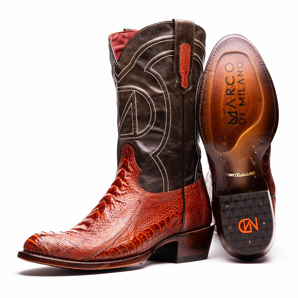 Marco Di Milano Denver Rustic Cognac Ostrich Leg Round Toe Cowboy Boots - 7