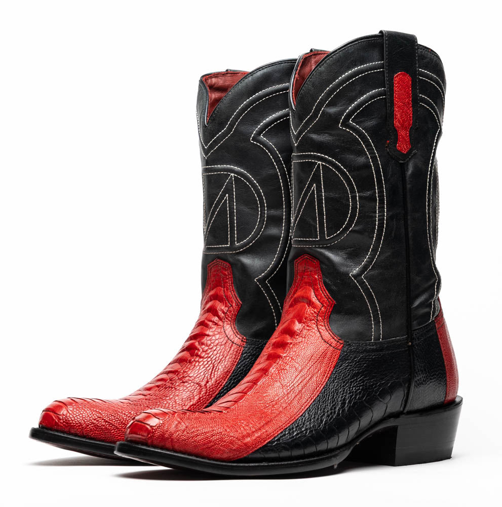 Marco Di Milano Denver Red / Black Ostrich Leg Round Toe Cowboy Boots - 7