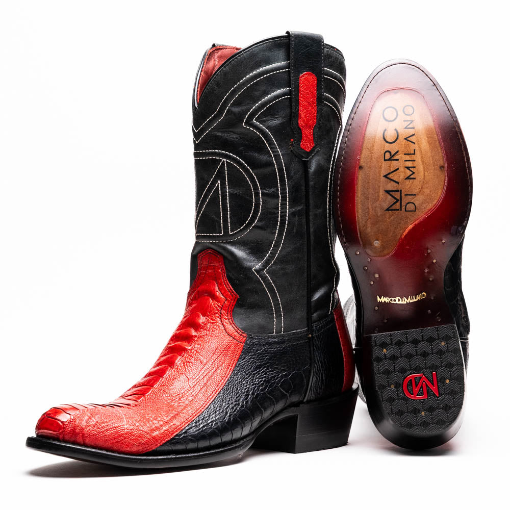 Marco Di Milano Denver Red / Black Ostrich Leg Round Toe Cowboy Boots - 7