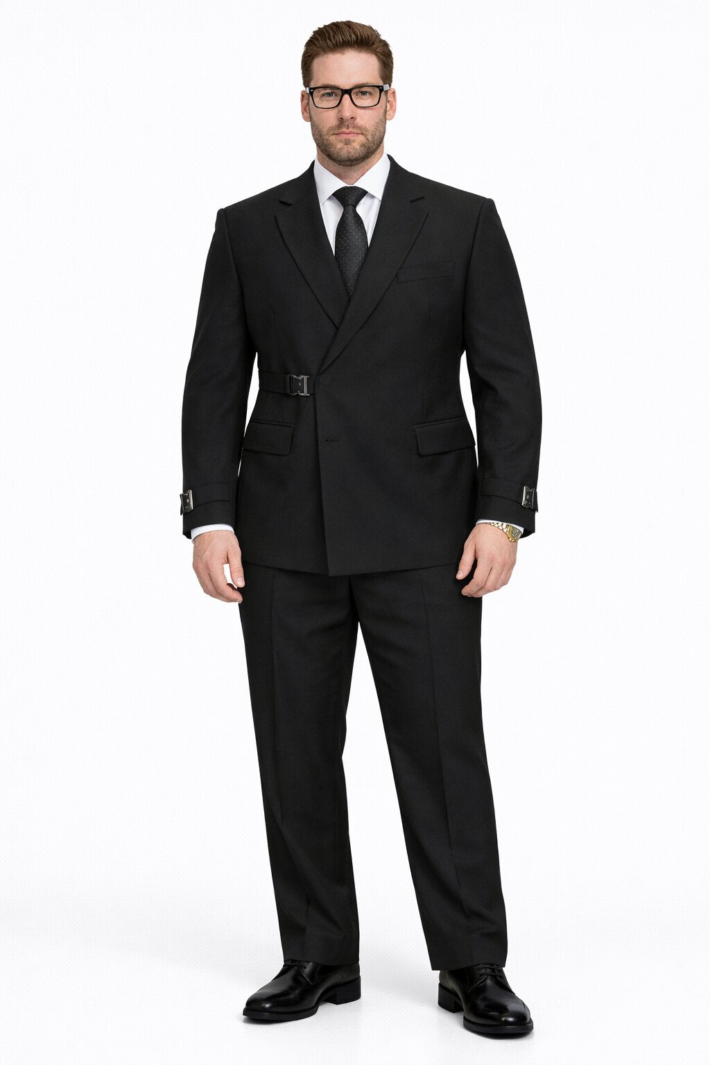 Mens Black Double Breasted Wool Suit with Metal Buckle Closure