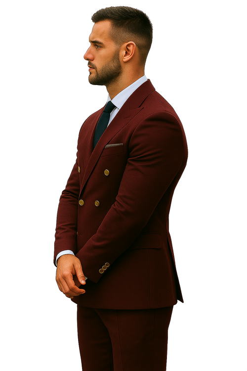 Slim Fit Double Breasted Suit Gold Buttons - Burgundy Suit - Designer Wool Suits