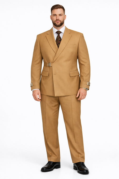 Mens Camel Double Breasted Wool Suit with Metal Buckle Closure