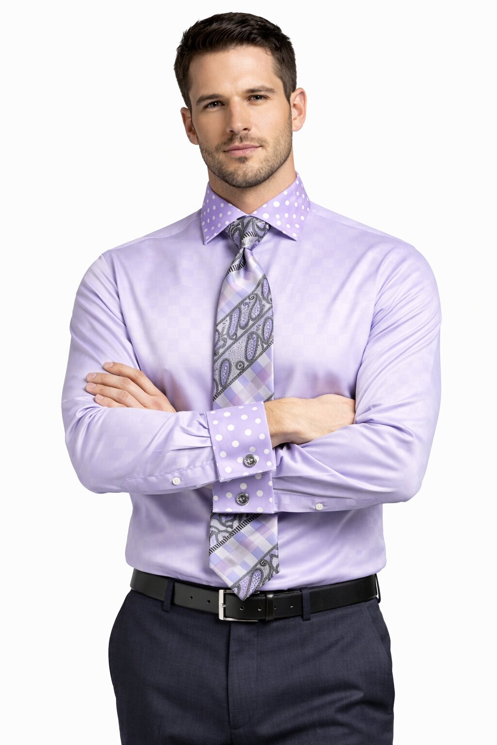 Polka Dot French Cuffed Matching Shirt & Tie Combo Lavender Set Men's Dress Shirt - Large 16.5" Neck / 36-37" Sleeve