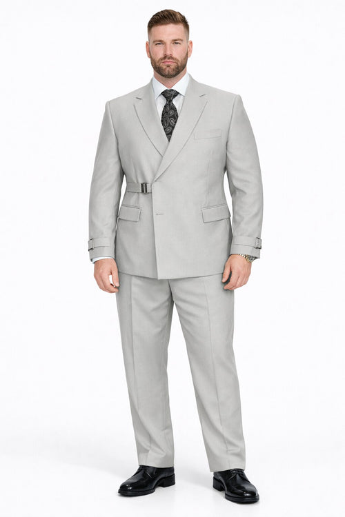 Mens Light Grey Double Breasted Modern Designer Tailored Fit Wool Suit with Metal Buckle Closure