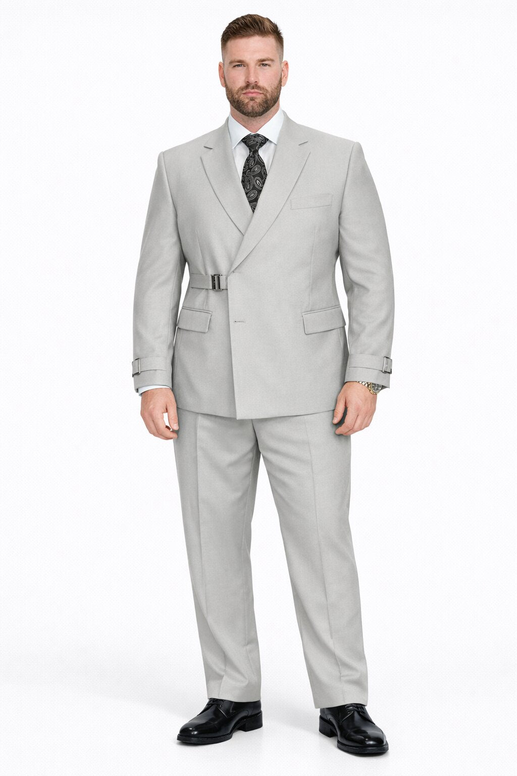 Mens Light Grey Double Breasted Modern Designer Tailored Fit Wool Suit with Metal Buckle Closure