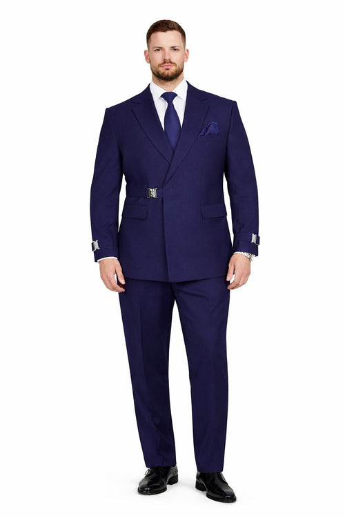 Mens Navy Blue Double Breasted Wool Suit with Signature Buckle Closure Designer Tailored Fit