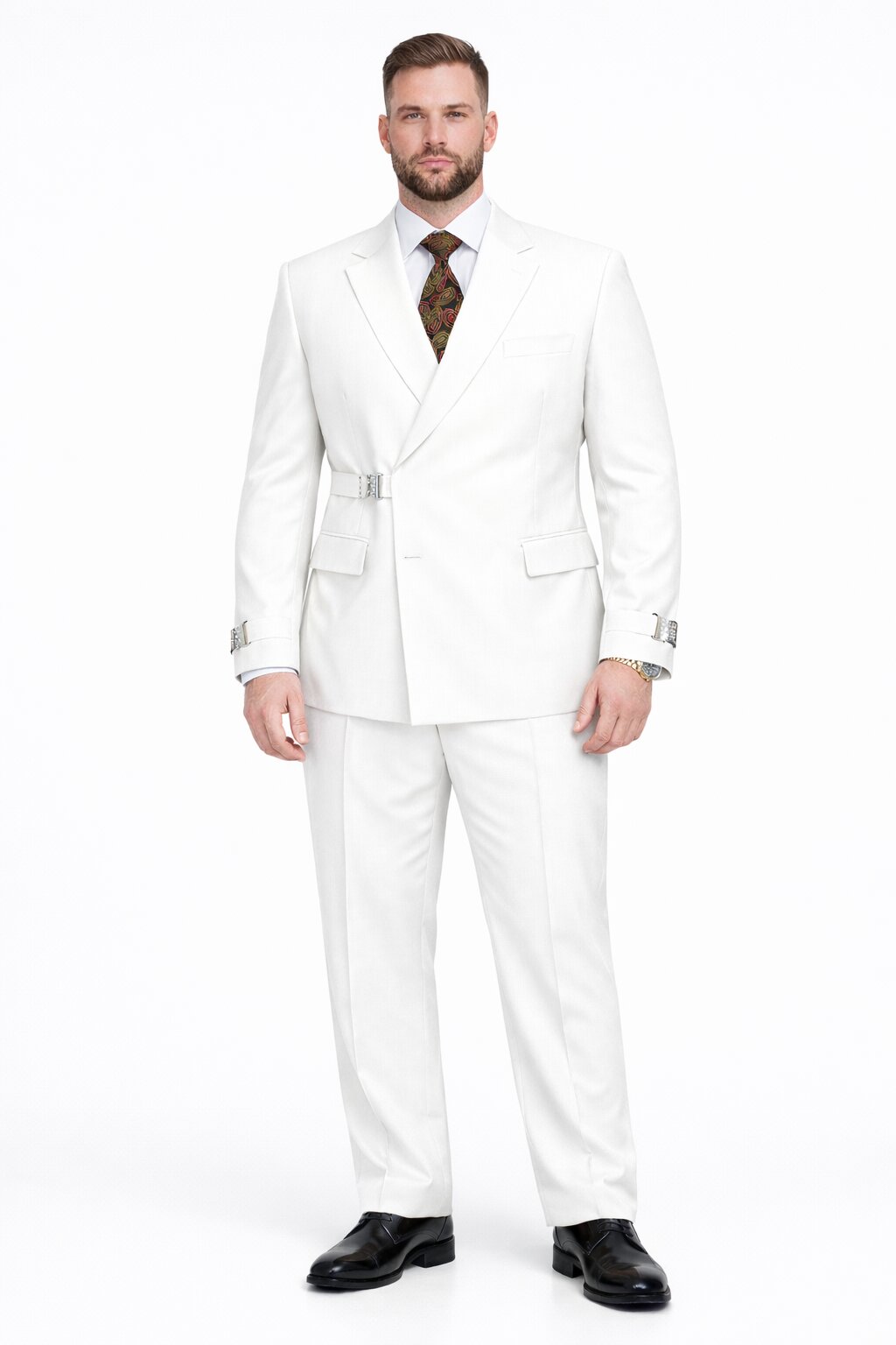 Mens White Double Breasted Wool Suit with Designer Tailored Formal Set Metal Buckle Closure