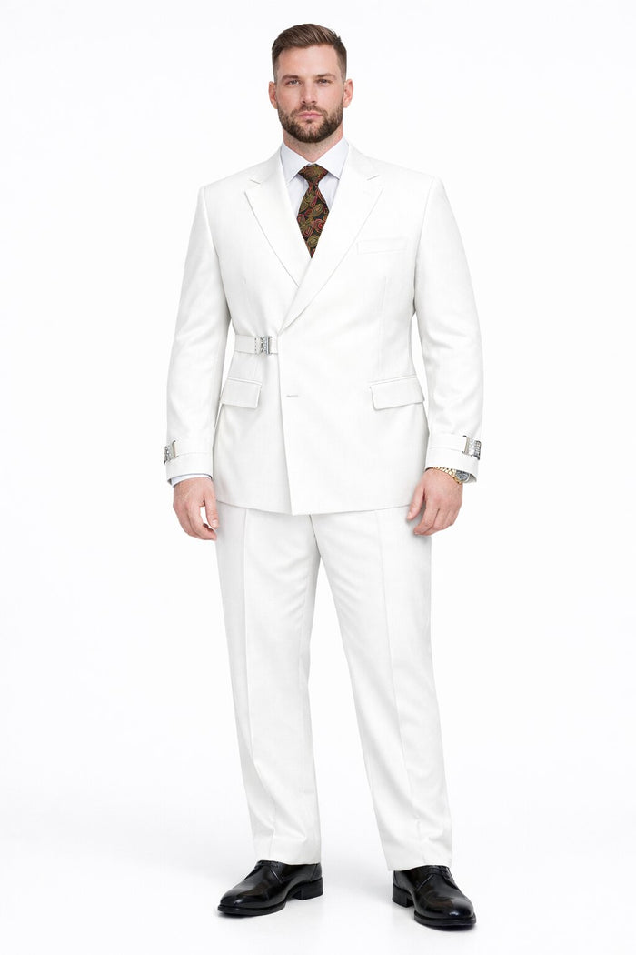 Mens White Double Breasted Wool Suit with Designer Tailored Formal Set Metal Buckle Closure