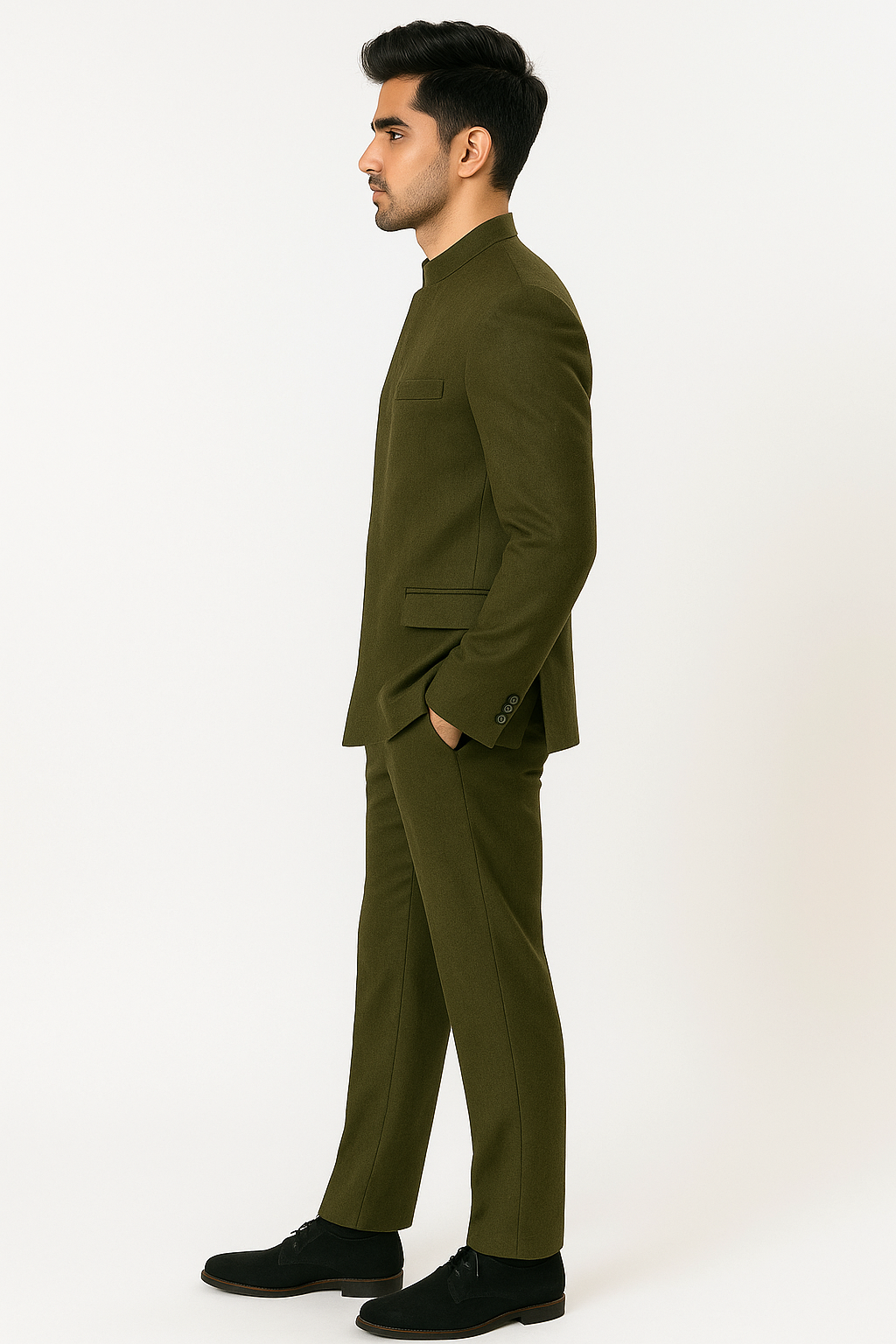 Cheap Priced Suit  - Mens Mandarin Banded Collar French Front Green Suit - 38 Short Jacket+32 Waist Adjustable 28to34)(Height: 5 4 to5 7 )(Neck  15-16.5)S-M)