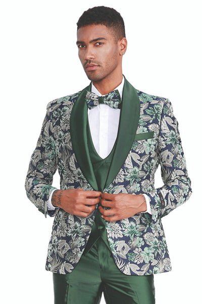 "Men's Slim Fit Paisley Shawl Lapel Tuxedo - One Button Vested Prom 2026 Suit in Hunter Green"