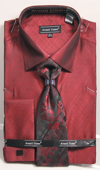 "Burgundy Men's Weave Pattern French Cuff Dress Shirt with Tie & Hanky Set"