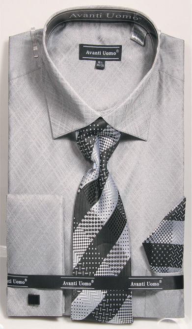 "Grey Men's French Cuff Dress Shirt Set with Weave Pattern, Tie & Hanky"