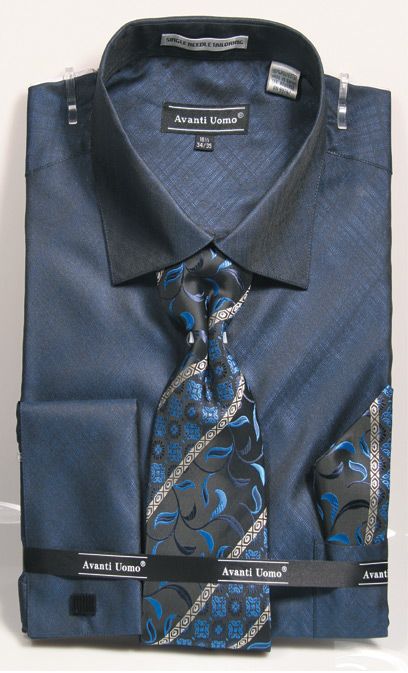 "French Cuff Men's Dress Shirt Set with Tie & Hanky - Weave Pattern, Navy"